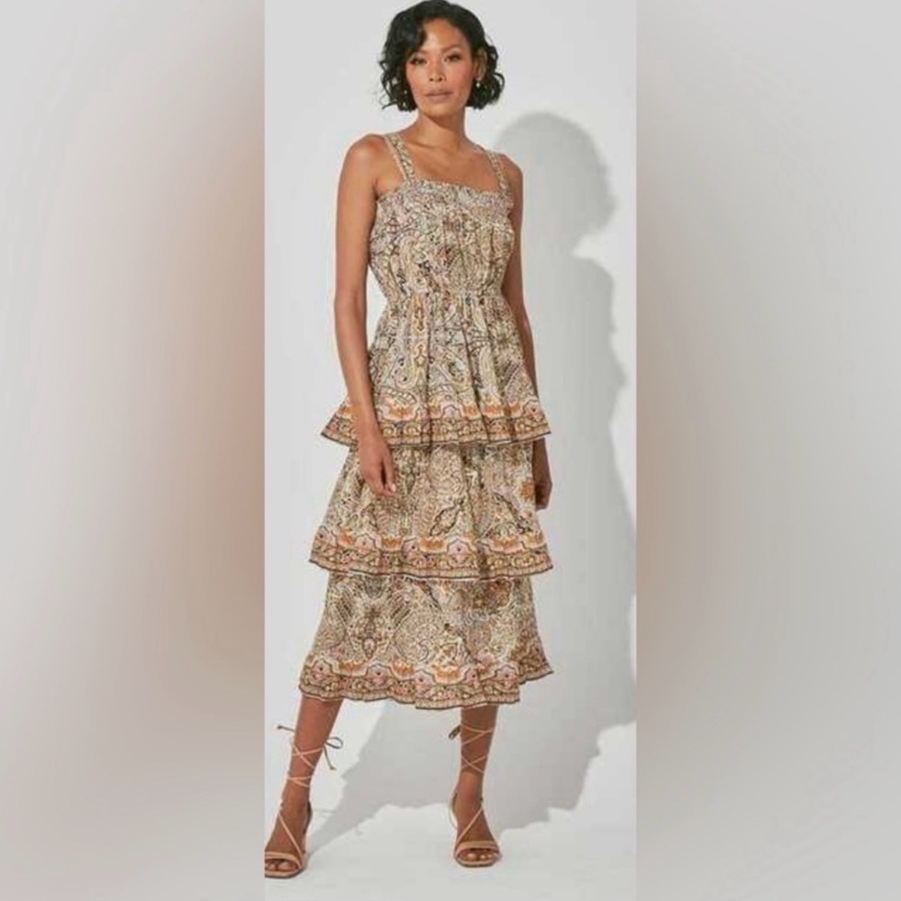 Cleobella Rosalie Organic Cotton Tiered Midi Dress S Boho Paisley Ruffle Strappy